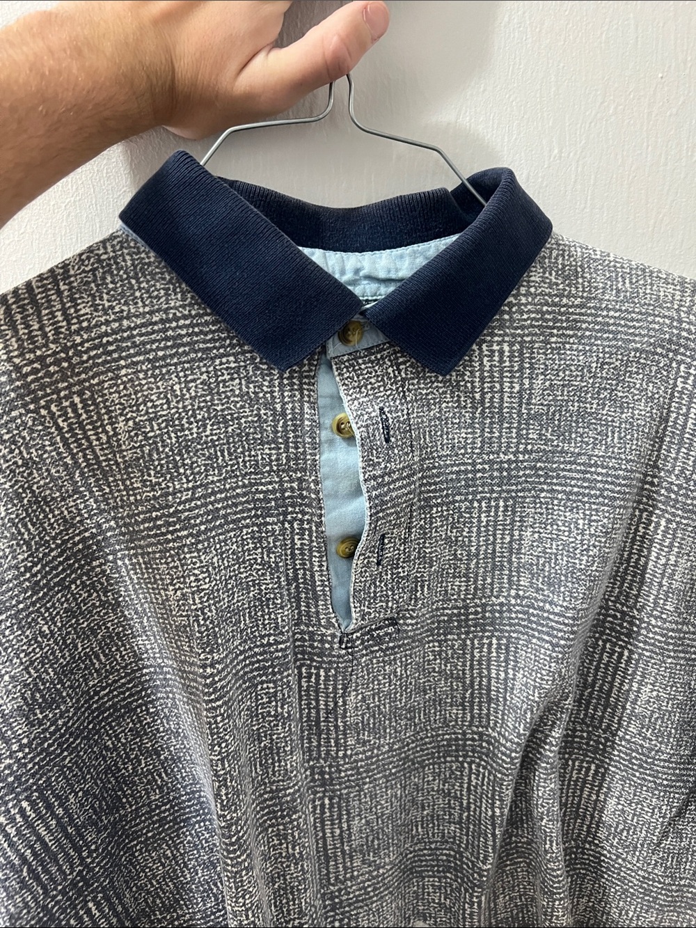 Grey Patterned Polo with Navy Collar and Light Blue Placket